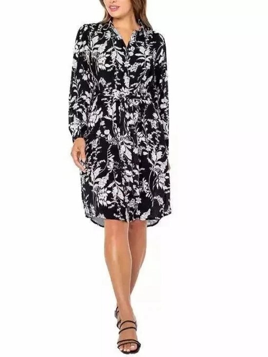 Well Worn Dresses & Skirts - Women's Dress, Crepe Tie-Belt Long Sleeve Button, Black Print, Small